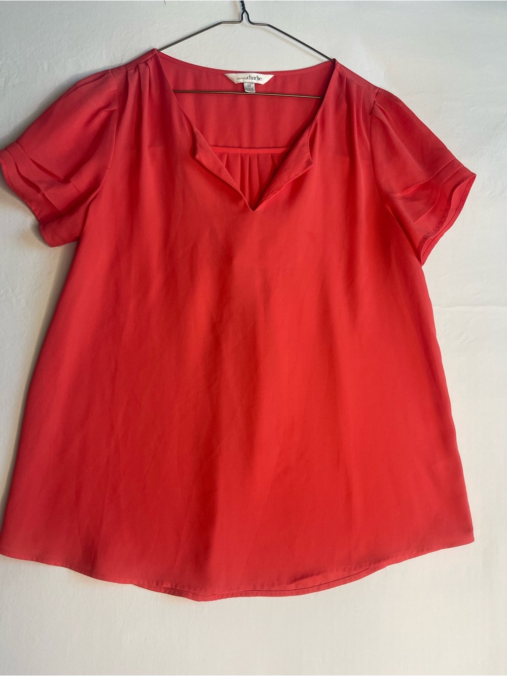 Charming Charlie Coral-Red V-Neck Short Sleeve‎ Blouse